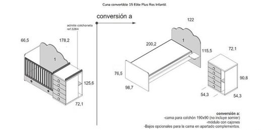 Cuna convertible Ros Elite Plus 120 x 60 + cajón inferior
